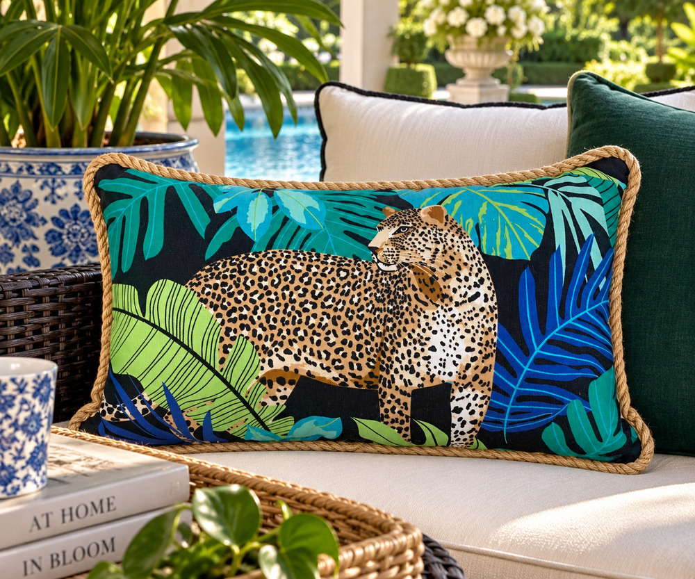 Allen + Roth Leopard Jungle Lumbar Pillow Tropical Palm Leaves Jute Rope 20"